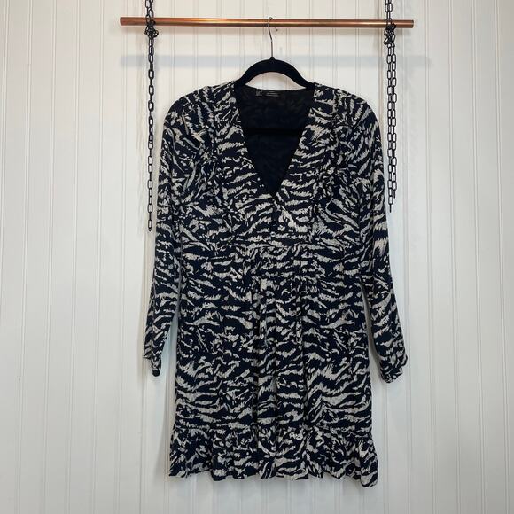 Zara Black Print V-Neck Ruffled Long Sleeve Mini Dress Size M - Picture 1 of 6